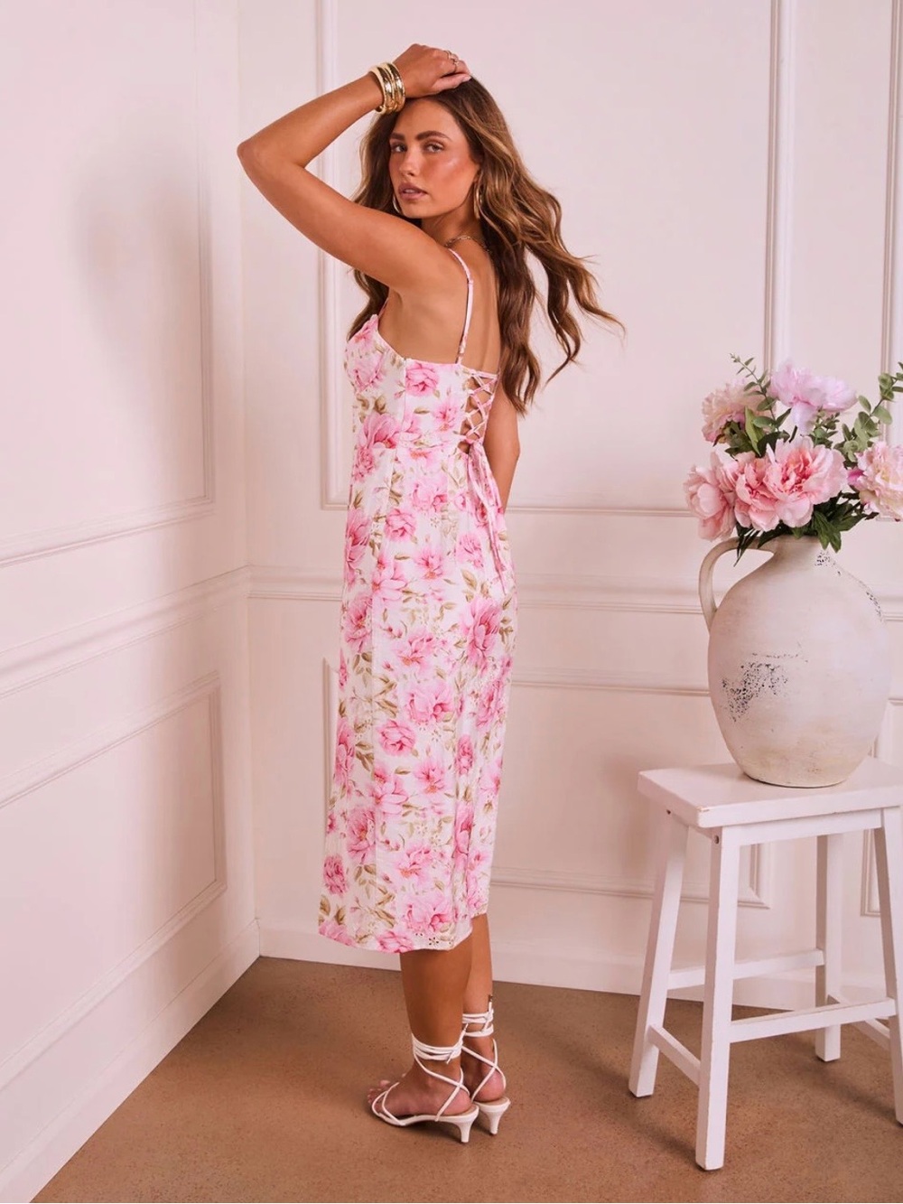 Vici Pink Floral Spaghetti-Strap Midi Dress with Side Slit - Picture 5 of 8